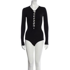 REFORMATION Avalon Black Ribbed Lace Up Long Sleeve Stretch Plunge Bodysuit Top